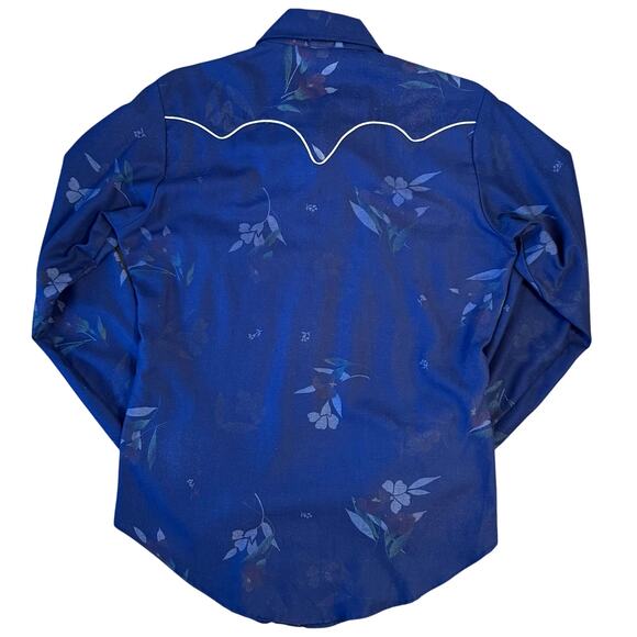 VTG Tem Tex Western Shirt Floral Pearl Snap White Piping Blue 70s Women’s Medium - Picture 2 of 10